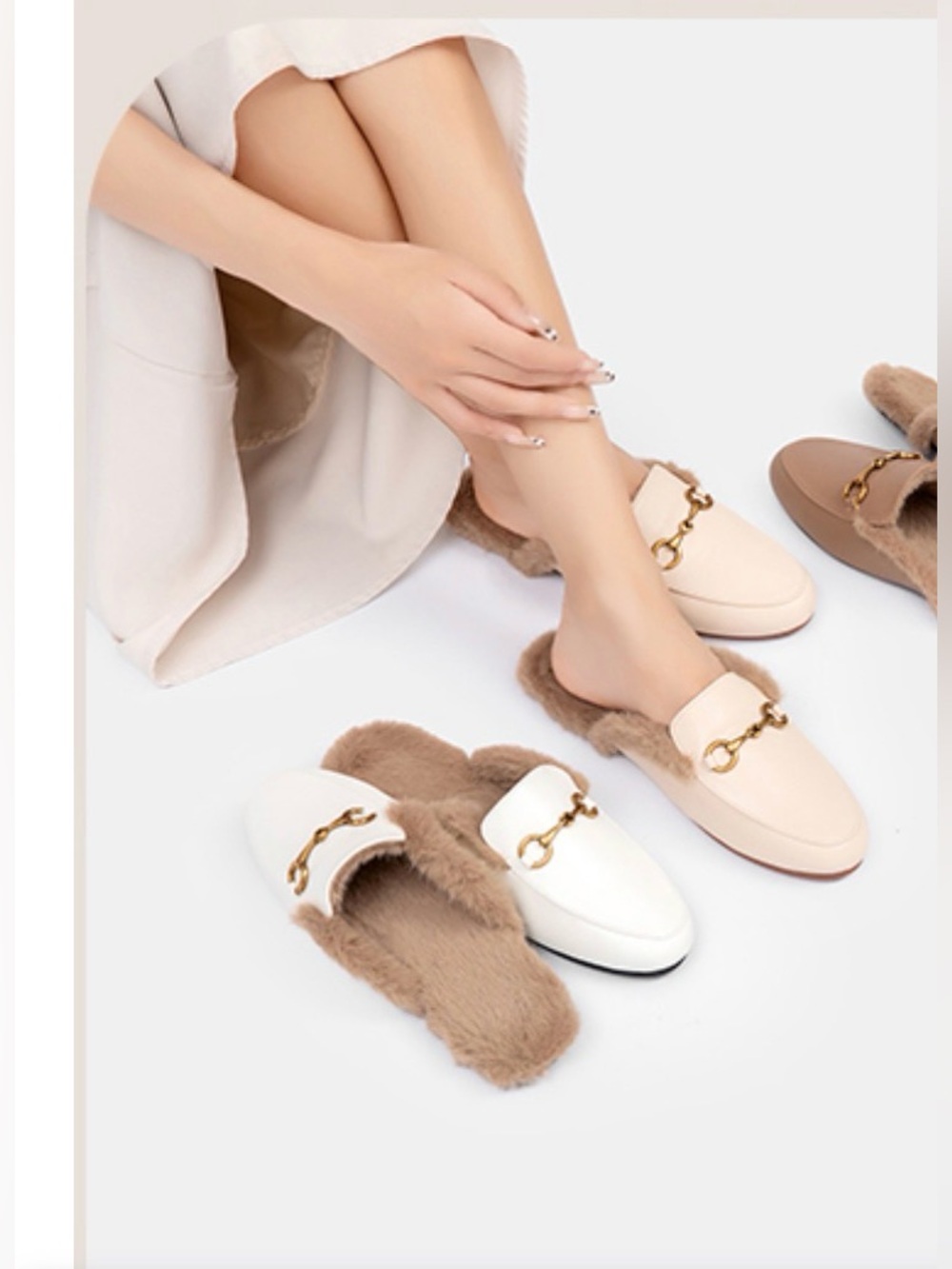 Faux-Fur Lined Slip-On Mules in Cream and White
